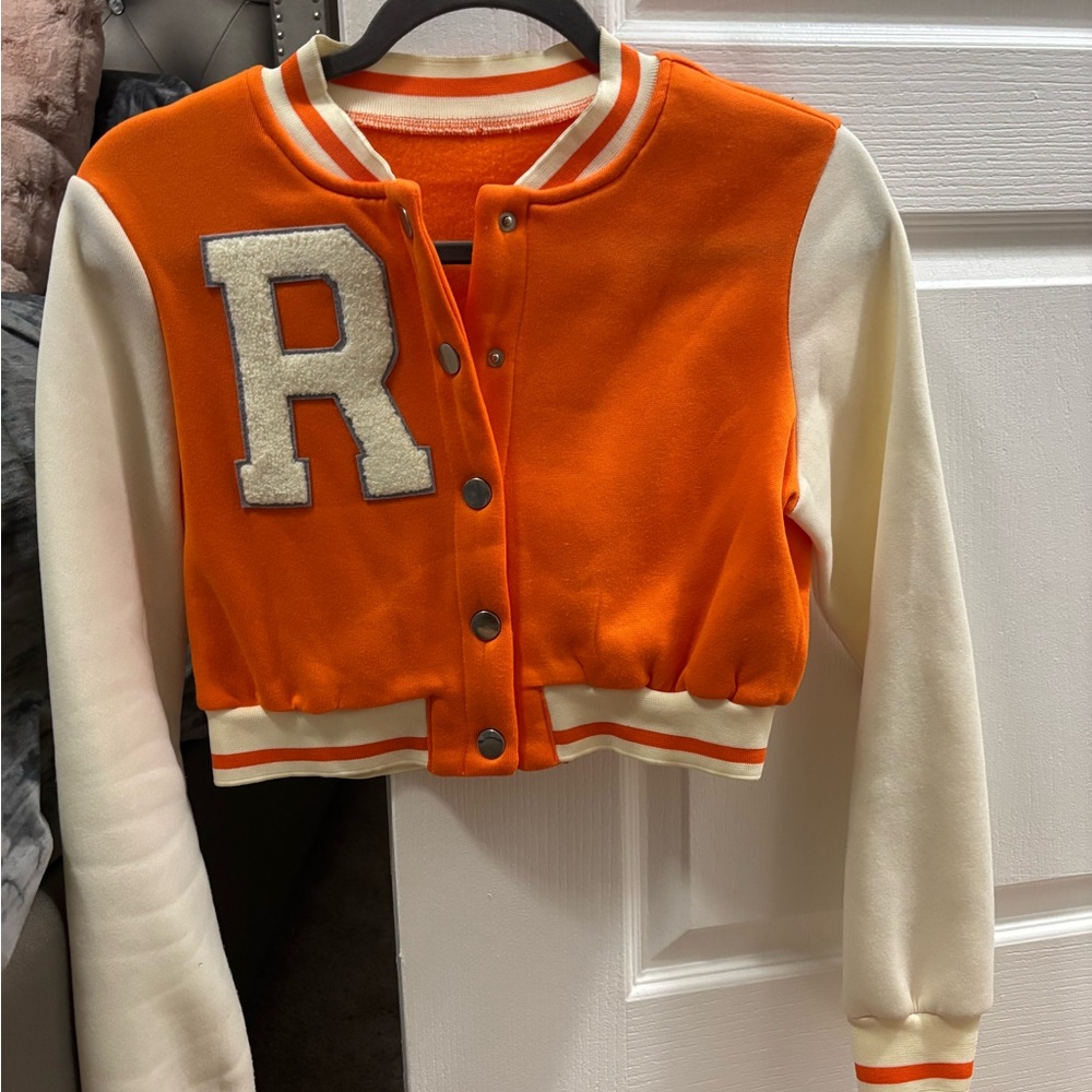 Orange and White Varsity Jacket with Letter Patch
